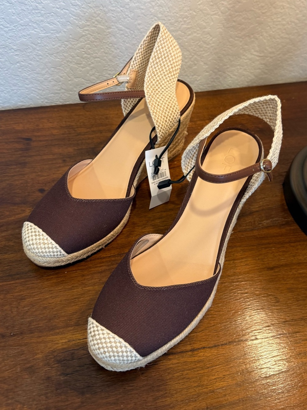 LOFT Brown and Cream Wedge Espadrille Ankle-Strap Sandals
